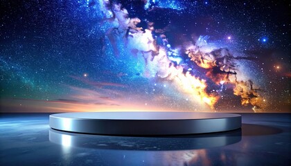 Wall Mural - metallic platform under cosmic sky displaying galaxy and stars with ambient lighting