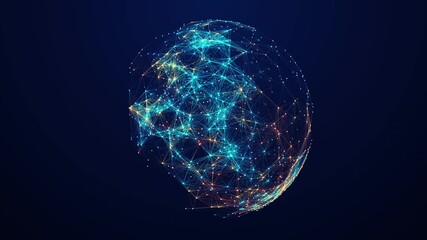 Futuristic digital sphere with glowing network connections, AI, big data, and cybersecurity concept.