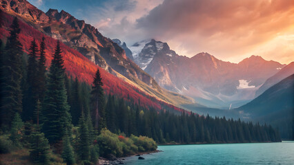  Dramatic mountain peaks with a turquoise lake and pine forest during a colorful sunset mountains Full HD 4K Video Download 2025 2026