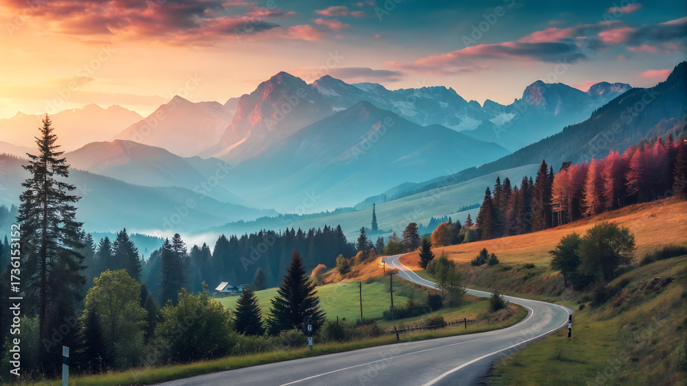Winding Mountain Road Through a Forested Valley with Misty Peaks at ...