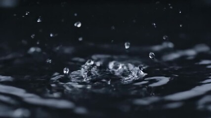 Wall Mural - A slow-motion shot of individual raindrops splashing onto a dark, reflective surface, creating intricate crown-like patterns under studio lighting impact, raining, clean