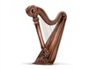 © One Studio - Ornate copper-toned harp, angled view.  Detailed carvings adorn the head and base.  Strings stretch across the instrument.  Isolated on white background