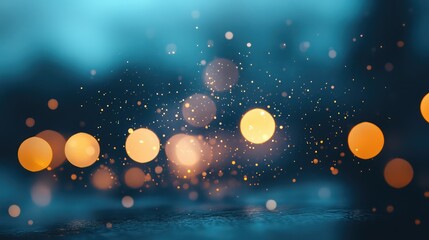 Wall Mural - Golden bokeh particles floating over dark blue surface