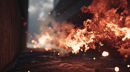 Wall Mural - Intense fire burning with sparks and smoke in alley