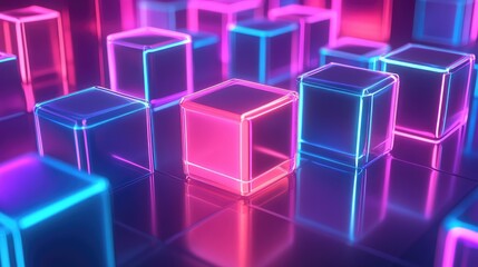 Wall Mural - Neon glowing cubes creating abstract futuristic data pattern