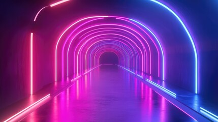 Canvas Print - Futuristic neon tunnel glowing with pink and blue light
