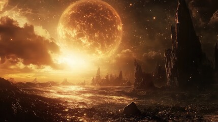 Wall Mural - Alien planet landscape with exploding star in sky