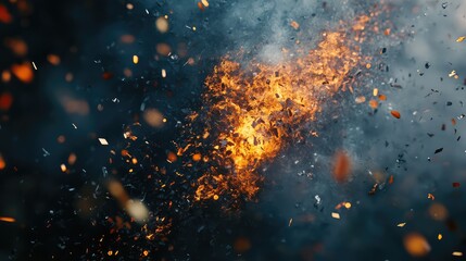 Wall Mural - Fiery explosion creating abstract flying debris and smoke