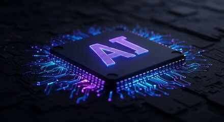 Powerful AI processor with glowing neon circuits for innovative technology solutions and futuristic designs in machine learning and data science applications