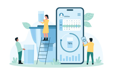 Water hydration health app vector illustration. Cartoon tiny people use application in mobile phone with reminder to drink clean water, character holding glass of purified water after jug filter