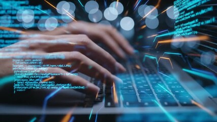 Hands Type on Laptop Keyboard with Blue Digital Code Overlay And Bokeh Lights