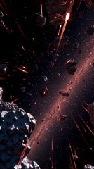 Wall Mural - Dynamic asteroid field with glowing trails of light, showcasing a mesmerizing cosmic scene filled with floating rocks and vibrant colors, illustrating the vastness of space