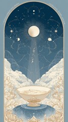 Wall Mural - Celestial art nouveau design with radiant sun and cosmic elements in dreamy landscape