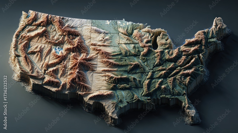 detailed 3d map of the united states topographical regions Stock Photo