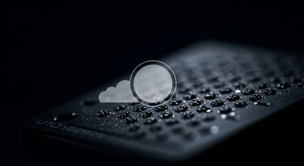 Remote control with water droplets on black surface illuminated by soft light, close-up view of electronic device with buttons and textured surface background