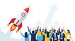 © narastockimages - Business launch success Team celebrating rocket taking off for market growth with upward arrows, team celebrating achievement