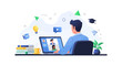 © narastockimages - Modern flat vector illustration showing a person in a video conference for an online course. Concept of remote learning, e-learning, and digital education