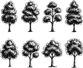 eight stylized tree illustrations in black and white, showcasing different shapes and foliage textur