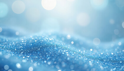 Wall Mural - Blue glitter background sparkles, blurred bokeh. Light shiny powder texture. Macro close up illustration. Magic Christmas abstract scene. Winter snow glitters overlay backdrop. Holiday party decor