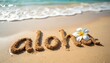 © miss irine - Aloha word written on sandy beach near ocean wave. White flower lies on sand. Summer holiday at sea paradise coast offers relaxing vacation. Coastal scenic destination brings peace.