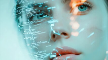 Digital projection mapping revealing intricate program code flowing across woman's face, visualizing futuristic human technology interaction and immersive augmented reality interface