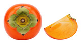 Isolated still life with whole and sliced ripe orange persimmon fruit, ready to eat