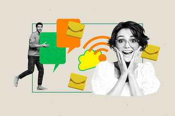 full image trendy 3d photo collage of two happy girl guy stand bubble notification speech dialogue n