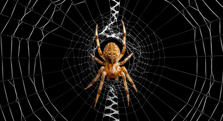 Orb Weaver Spider on its Web Against Black Background