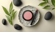 © NENI - Makeup product with brush on marble tray, surrounded by greenery & zen stones