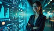 © miss irine - Asian businesswoman smiles near glowing screens with data charts and graphs. Futuristic office setting displays digital information and analytics, showing tech progress and expertise.