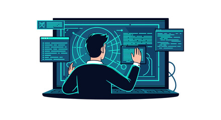 Man working on computer with multiple screens software developer data analysis cybersecurity professional it