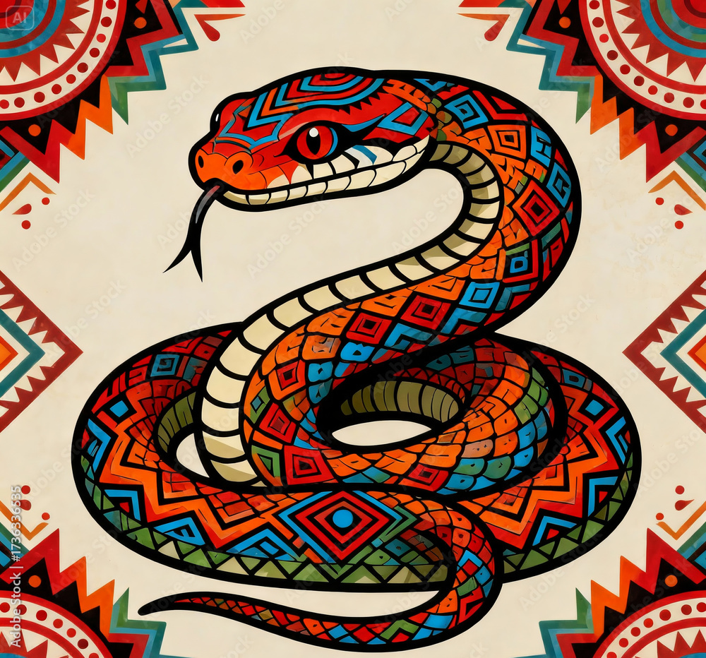 Pattern Ular Seni ilustrasi ular dengan pola tribal dan motif geometris penuh warna ...