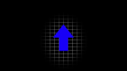 Abstract directional arrow bouncing blue color upward against a stark three dimensional swipe slide up animation on a black background.