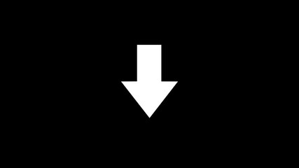Abstract directional arrow bouncing white color downward against a stark three dimensional swipe slide down animation on a black background.