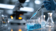 © SeungOH - A scientist in a modern laboratory conducts research, using a pipette to transfer colorful liquid into test tubes for a scientific experiment.