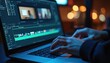 © miss irine - Woman edits video on laptop at night. Female hands type on keyboard with video editing software on screen. Multiple video clips displayed on interface.