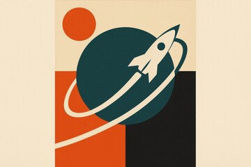 Wall Mural - Poster of a rocket flying through space with a planet in the background. The poster has a vintage look to it and is in black, white, and blue
