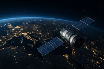 Wall Mural - Satellite is flying over the Earth at night. The satellite is in the middle of the image and is surrounded by the Earth. The satellite is the main focus of the image