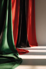 Wall Mural - Elegant drapery with green, red, and black fabric in soft light