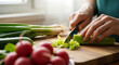 © MYS Design - Close-up of a person's hands skillfully chopping fresh green celery on a wooden cutting board for a healthy vegetable salad