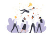 © lembergvector - Happy business people toss winner vector illustration. Cartoon office worker characters in formal outfit tossing leader into air with confetti, golden cup to celebrate victory, colleagues throw up man