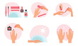 © lembergvector - Steps of manicure and nail polish flat icons set vector illustration. Female hands using nail file and cuticle remover, painting fingernails, drying under UV lamp in salon or home