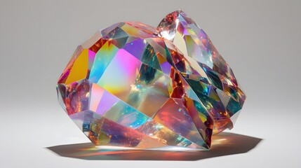 A captivating, multifaceted crystal formation is showcased, displaying brilliant rainbow iridescence, a vibrant display of refracted light and colors against a soft, neutral backdrop, casting...