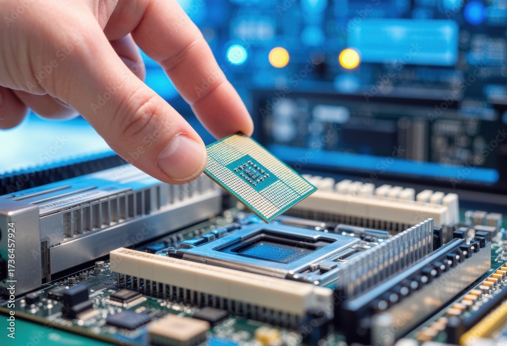 hands install processor into motherboard during computer assembly Stock ...
