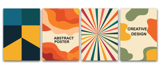 Wall Mural - Abstract poster collection with geometric blocks, retro sunburst rays, fluid wave shapes and creative organic layouts. Modern vector design templates for branding, posters and digital artwork.