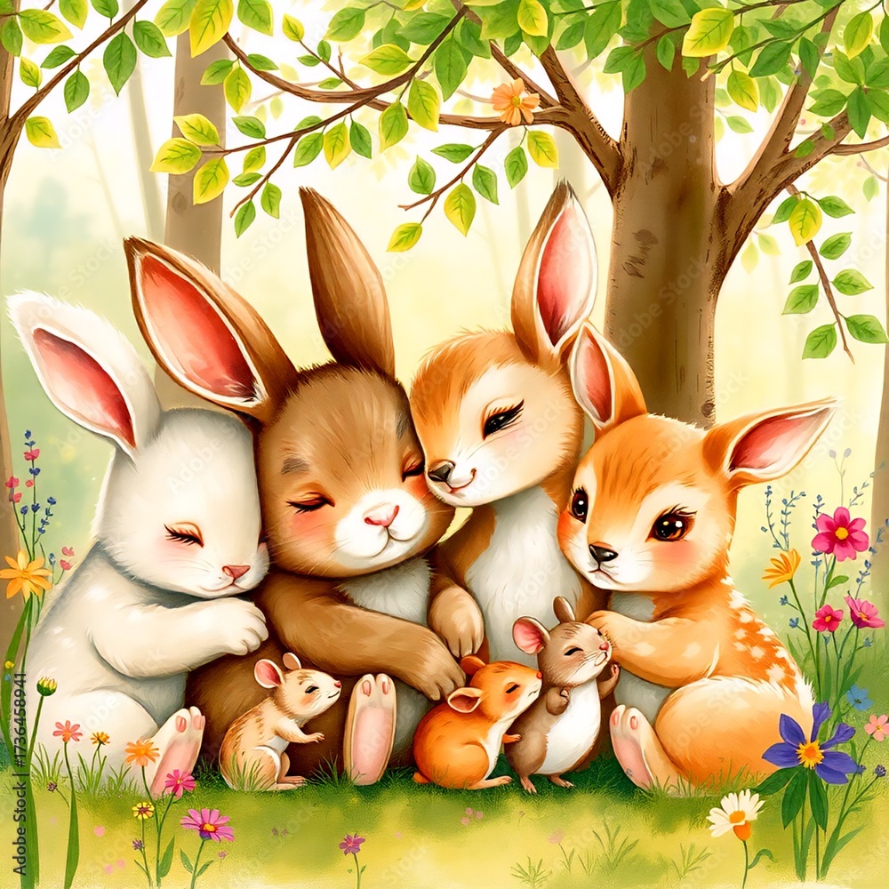 Rabbits, deer, and tiny mice cuddled together, eyes closing as they ...