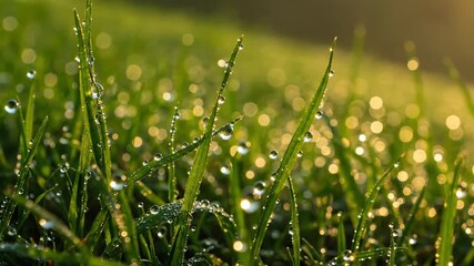 Wall Mural - Extreme Close-up of Dew Drops on Green Grass Blades on a Hill at Sunrise dawn, moisture, environment