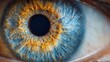 © Formoney - The close-up view captures a human eye highlighting the brilliant blue and orange patterns of the iris. The black pupil sits at the center surrounded by intricate details.