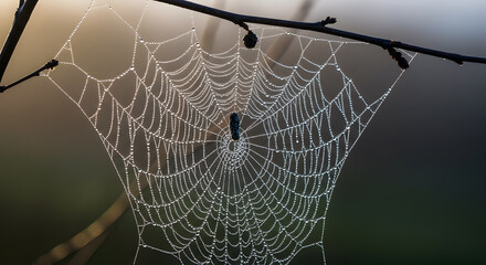 Intricate Spiderweb Covered in Dew Drops Hanging from a Tree Branch in Soft Morning Light water drops
