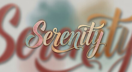 Serenity word art in calligraphy style with pastel colors and blurred background effect